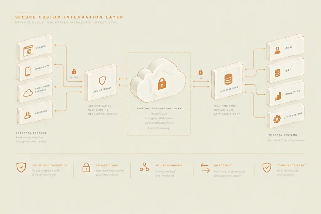 Architecture flowchart illustrating an API gateway, private cloud custom integration layer, and secure bi-directional database sync