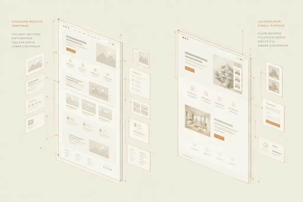 Isometric diagram comparing a cluttered multi-purpose website homepage with a focused single-purpose landing page
