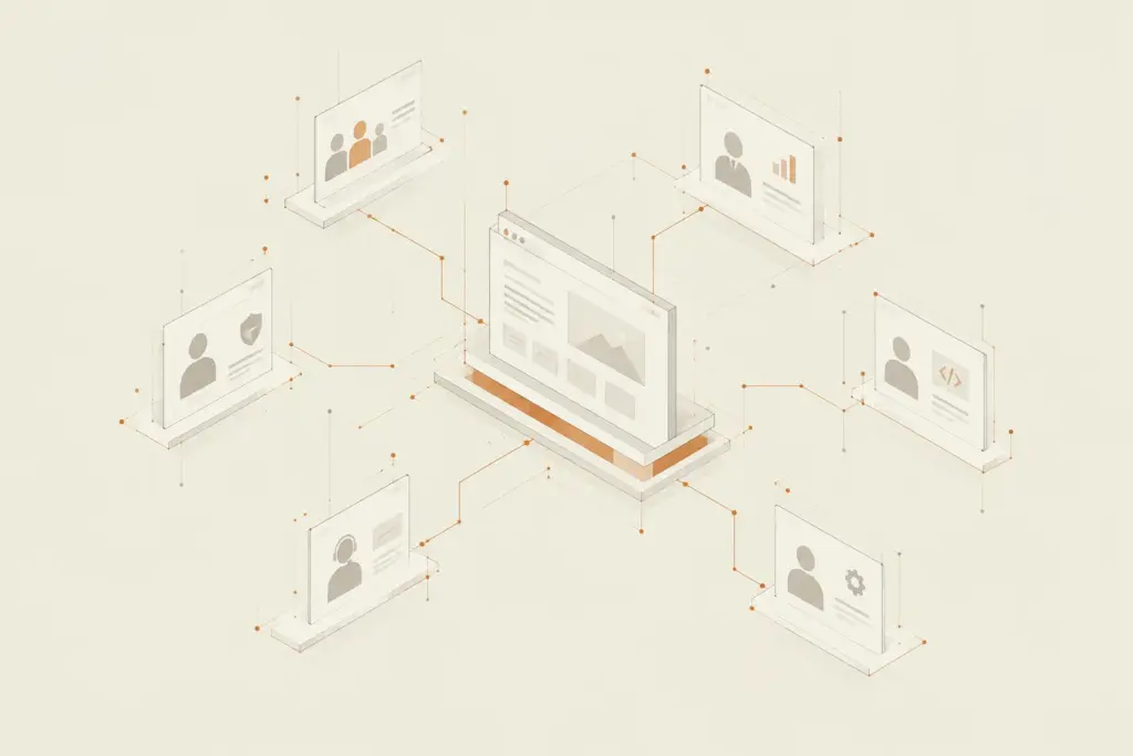 Isometric network diagram showing a central enterprise platform connected to multiple stakeholder portals