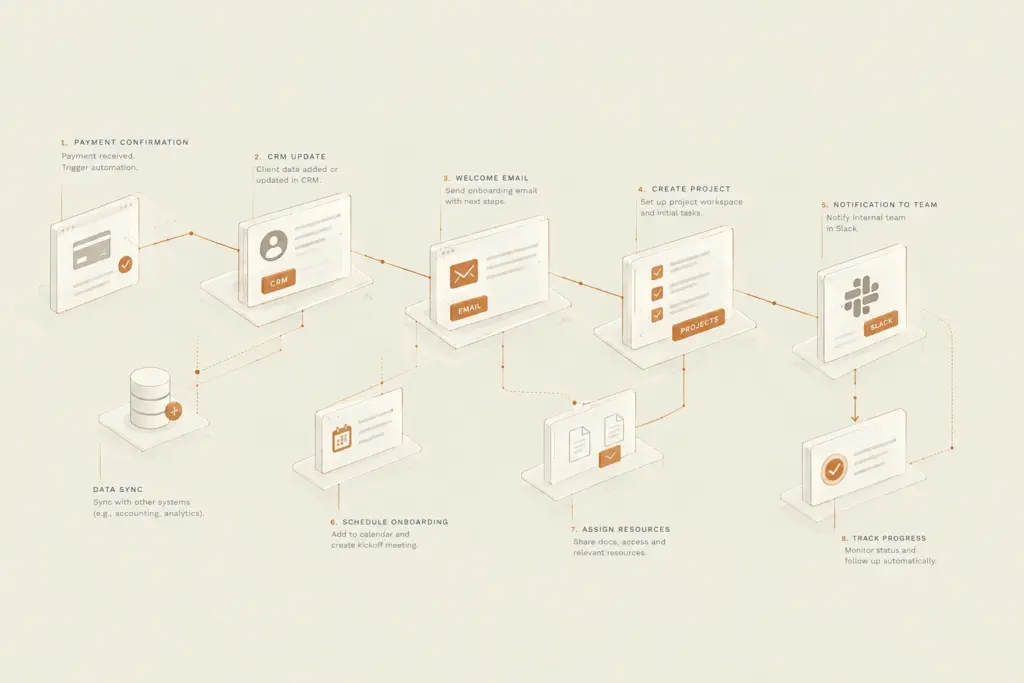Isometric flowchart of API integrations, automated onboarding tasks, and real-time Slack notifications