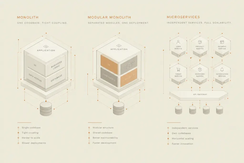 Isometric architectural comparison of Monolith, Modular Monolith, and Microservices deployment models