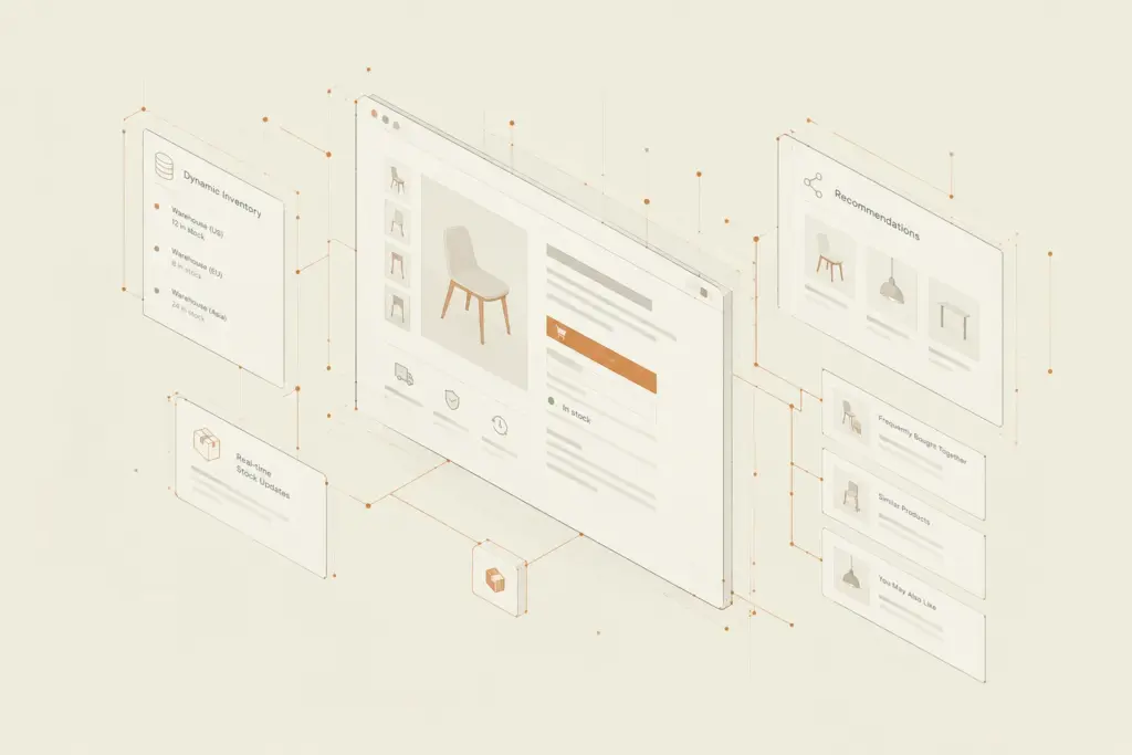 Isometric Product Detail Page wireframe showing real-time dynamic inventory and personalized product recommendations