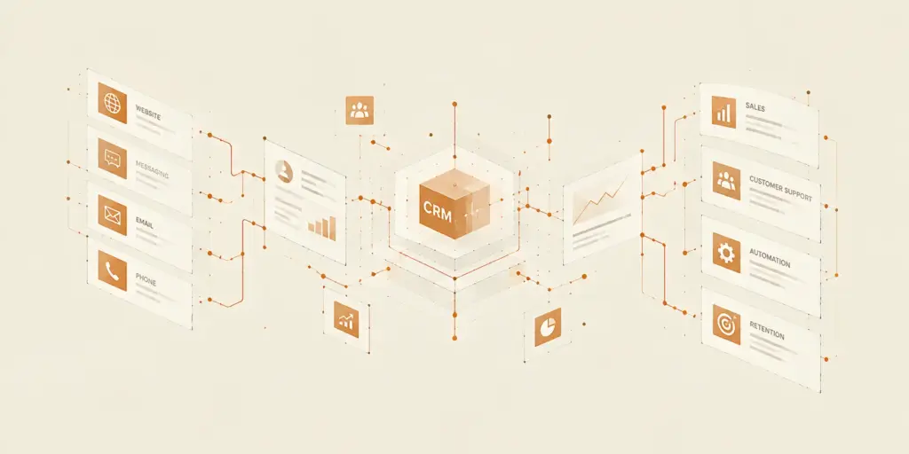 Minimalist diagram showing real-time website form data flow into central CRM infrastructure
