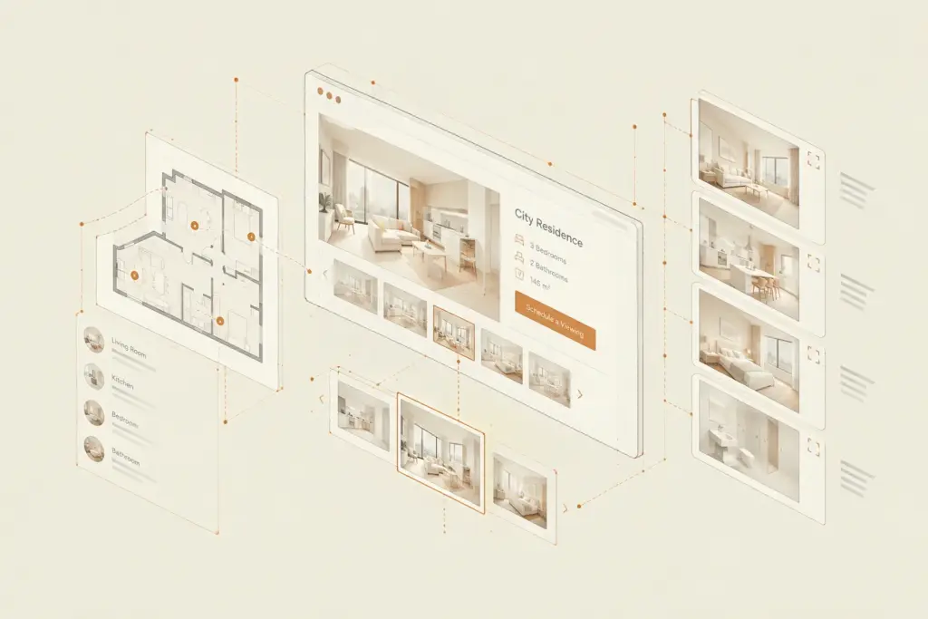Isometric interactive property listing mockup featuring 2D floor plan hotspots and room gallery nodes