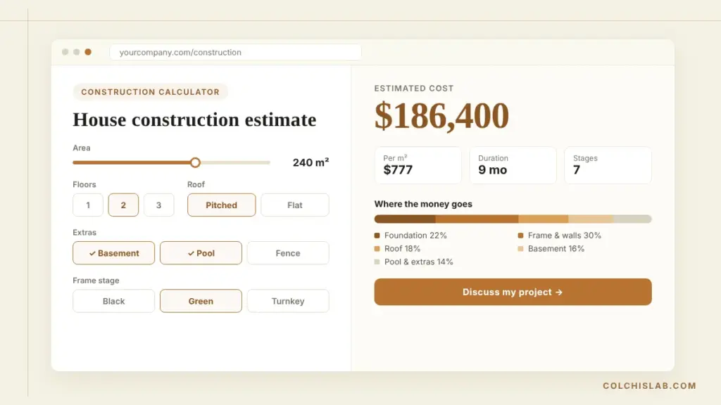 Construction cost calculator on a builder's website showing a house estimate with floors and roof options
