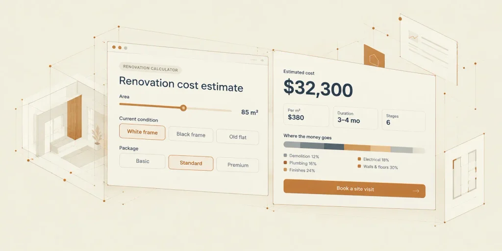 Renovation cost calculator showing an estimated cost for an 85 m² apartment with condition and package options