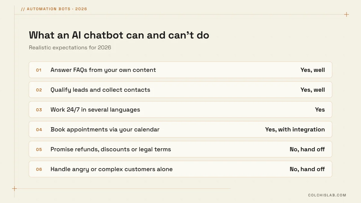 What an AI chatbot for website can do: FAQs, lead qualification, 24/7 multilingual answers, bookings; what it cannot do: refunds, discounts, complex cases