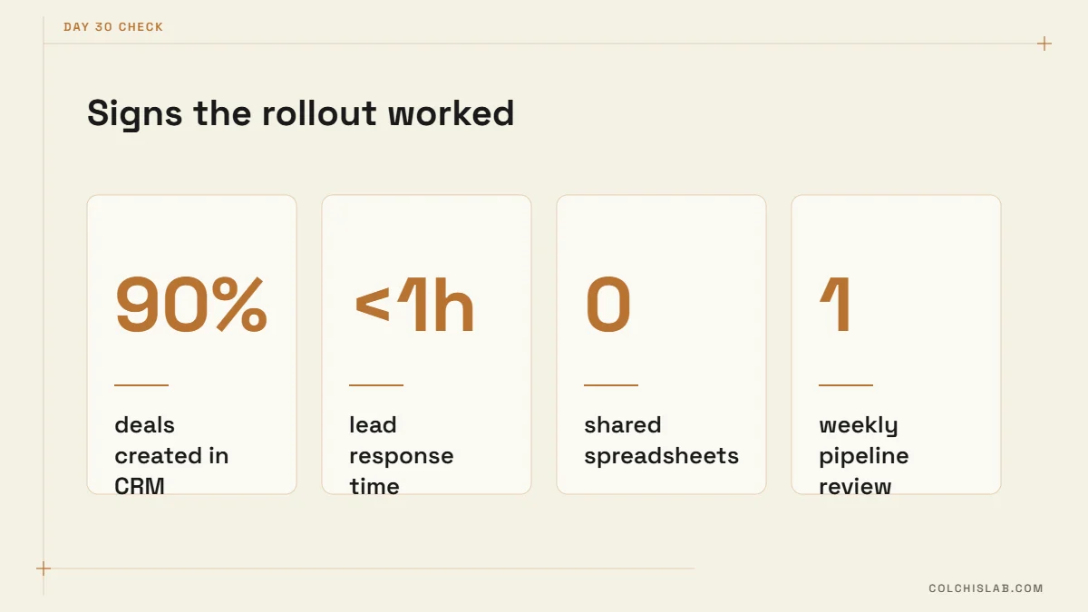 CRM implementation plan success metrics on day 30