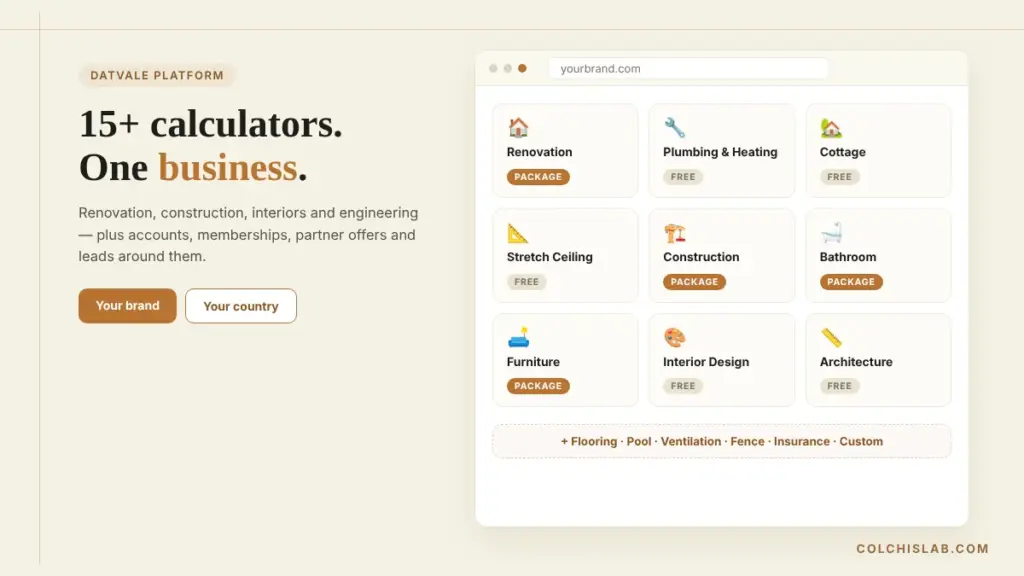 Datvale white label renovation calculator platform with 15 calculators shown in a browser
