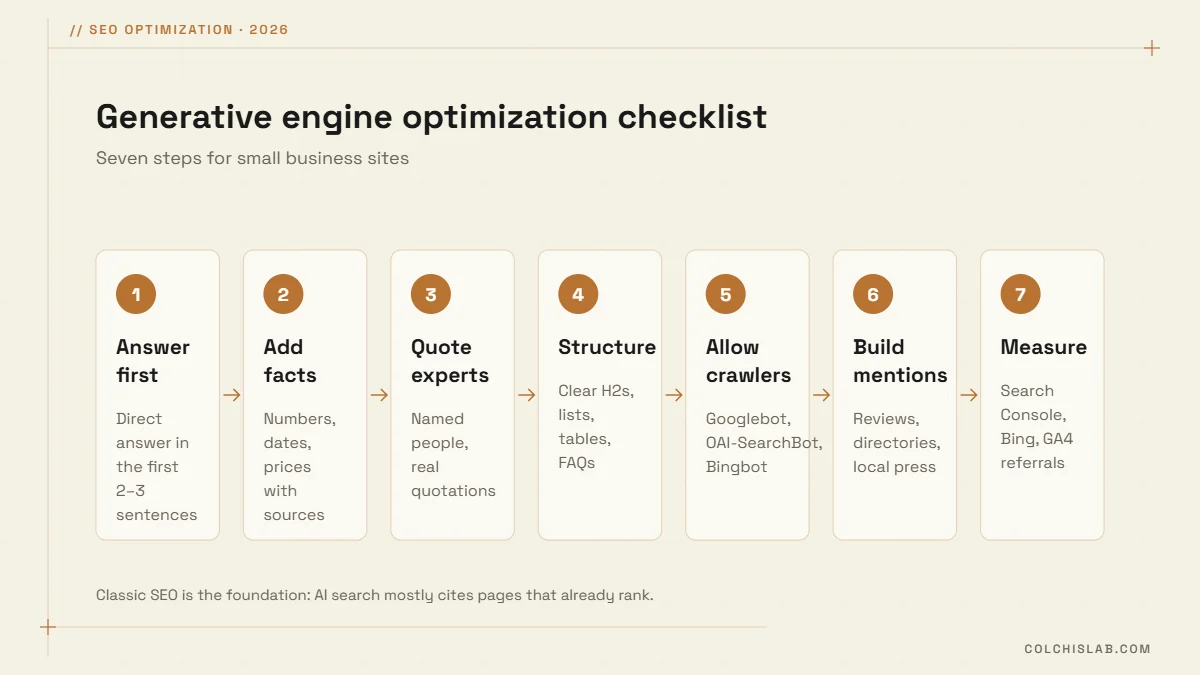 Generative engine optimization checklist in 7 steps: answer first, add facts, quote experts, structure, allow crawlers, build mentions, measure