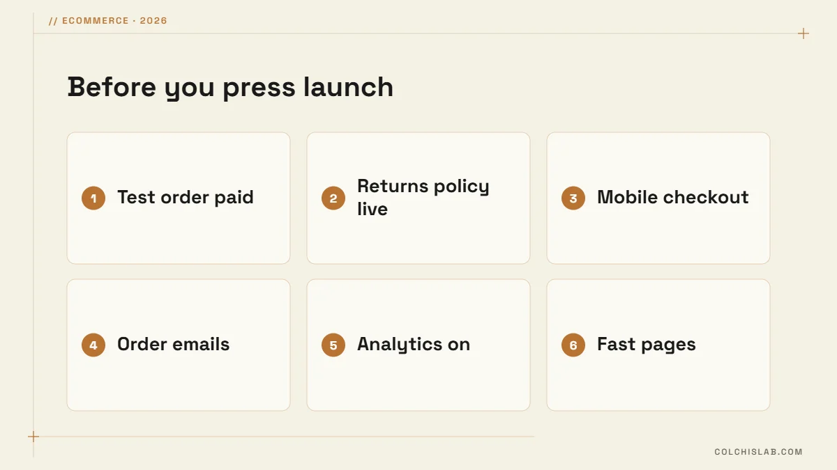 Online store pre-launch checklist: test order, returns policy, mobile checkout, emails, analytics, speed