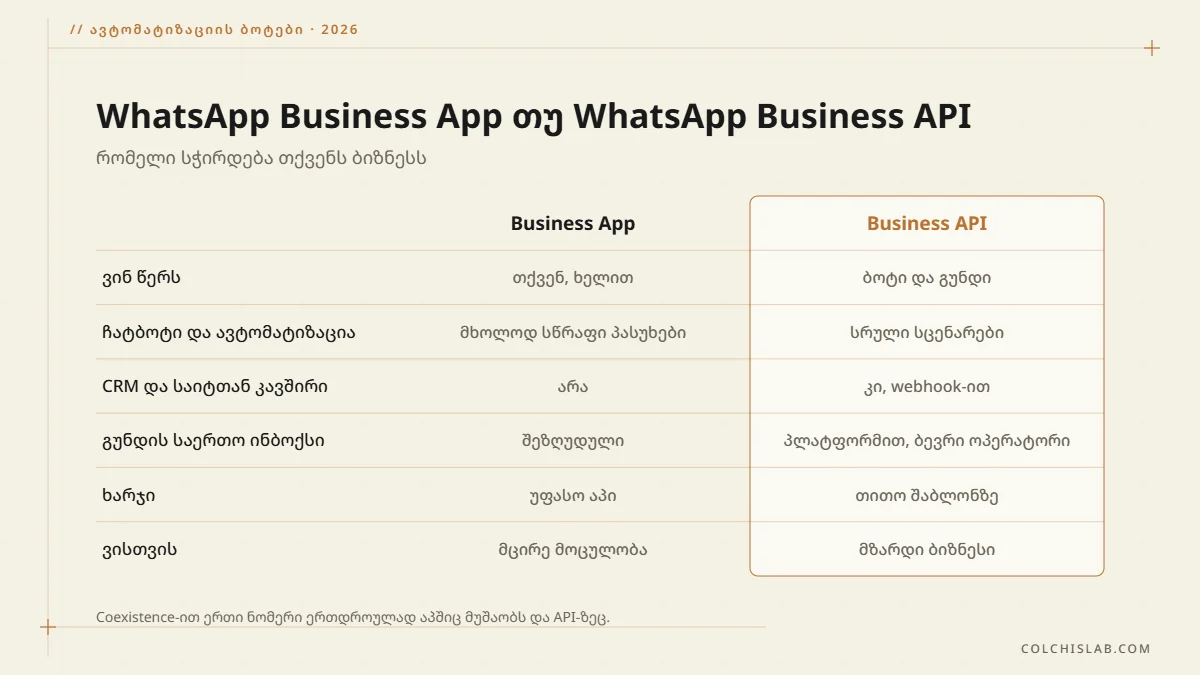 WhatsApp Business App და WhatsApp Business API-ის შედარება: ჩატბოტი, ავტომატიზაცია, CRM, ხარჯი